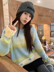 Bxoxo Hole Y2K Gradient Striped Sweater Women Vintage Preppy Style Long Sleeve Knitted Pullovers Casual O Neck Buttons Sweet Jumper
