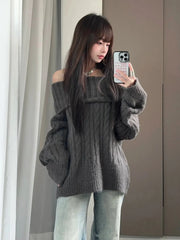 Bxoxo Women Thickening Slash Neck Off Shoulder Solid Simple All-match Casual Sexy Spicy Girls Knitted Sweater Ulzzang Unique