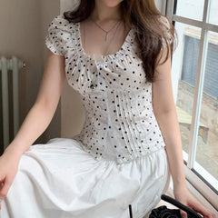 Bxoxo y2k Tops for Women Aesthetic Clothes Striped/Dot Shirts Bubble Short Sleeve Button Down T Shirts Vest 2000s Streetwear