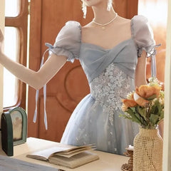 BXOXO Customized Crisscross Square Collar Prom Dresses Sequins Appliques Lace Up A-Line Short Sleeves New Slim Waist Formal Dress Woma