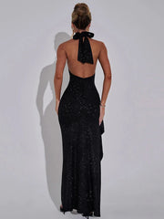 BXOXO Elegant Sleeveless High Slit Ruffled Bodycon Evening Dress Women Shiny Hanging Collar Sexy Backless Party Club Vestido