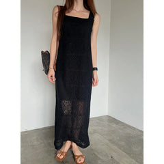 Bxoxo Summer Korean Sle Long Lace Sleeveless Vest Dress Square Collar Slimming Skirt H-Line Pure Color Ladylike Fashion Dress