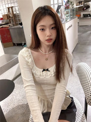 Bxoxo Korean Style White T-shirts Women Fairycore Cute Ruffles Long Sleeve Tees Y2k Sweet Slim Corset Tops Autumn 2025 Ropa