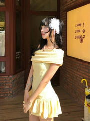 Bxoxo Sweet Elegant Bodycon Mini Dresses Women Off Shoulder Korean Style Butter Yellow Plaid Ruffles Dresses Y2k Harajuku