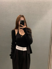 Bxoxo Chic Autumn New Vintage V-Ne Knitted Vest And Ele Sweater Cardigan Two-Piece Set Polyester Fiber Commute Sle