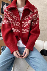 Bxoxo Women Fair Isle Sweater Zipper Front Collared Zip-up Sweater Knit Jacket Cozy Knitwear Teen-girl Fall Winter Vintage Outfit