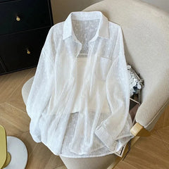 Bxoxo Embroidered Lace Shirts Women Summer Loose No Sling Korean Button Simple Shirt Fashion Baggy All Match Thin Sun Protection Top