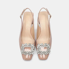 BXOXO Nude Sandals Lady Patent Leather Thick Heel Baotou Spring and Summer New Small Square Head Rhinestone French Single Shoes