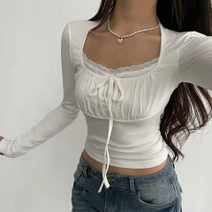 BXOXO Korean White Lace Patched Female T-shirt Slim Basic Sweet Folds Autumn Tee Cute Top Coquette Clothes Front Tie-Up Y2K