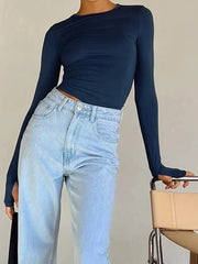 BXOXO Women T-shirt Long Sleeve Crew Neck Solid Slim Fit Ladies Crop Top with Thumb Holes Harajuku Basics Tees Club Streetwear Fall