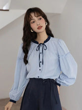 Bxoxo Sweet Retro Blue Blouse Women Elegant Long Sleeve Japan Shirt Fall Loose Preppy Style Ruffles Lace Up Vintage Lady Tops New