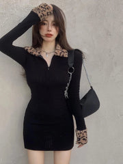 Bxoxo Leopard Print Patchwork Mini Dress Women Y2K Autumn Sexy Slim Black Dress Fashion Streetwear Long Sleeve Lapel Splicing Vestidos