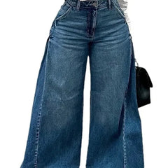 Bxoxo Blue Washed Women Flared Jeans Harajuku Y2k Oversized Wide Leg Spliced Tassel Denim Pants Baggy American Retro Trousers