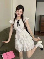 BXOXO Sweet Chic Bow White Dress Women Slim Fashion Flying Sleeve Cute Mini Dress Casual O Neck Female Elegant Lace A Line Dress