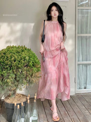 Bxoxo Pink Tie Dye Beach Long Dress Women Elegant Casual Sleeveless Sweet Tanks Dress Casual Vintage Summer Lady Loose Long Dress