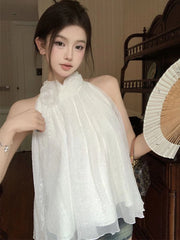 Bxoxo 3D Floral White Mesh Tanks Women Loose Elegant Sweet Halter Tanks Casual Fashion Female Summer Korean Sleeveless Chic Tops