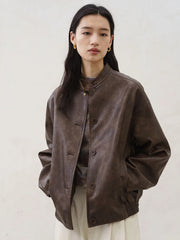 Bxoxo Vintage Pu Leather Jacket Women Y2K Autumn Loose Streetwear Thick Stand Collar Coat Fashion Single Breasted All Match Outwear