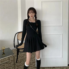 Bxoxo Black Lace Patchwork Dress Women Korean Chic Square Collar Long Sleeve Mini Dress Fall Fashion Preppy All-Match Bottoming Dress