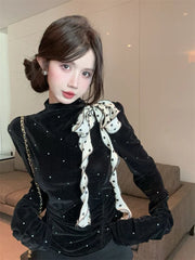 Bxoxo Vintage Polka Dots Velvet Tops Women Y2K Autumn Korean Chic Folds Slim Long Sleeve T Shirt Elegant Bow Lace Up Ladies Pullover