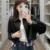 Bxoxo Vintage Patchwork Crop Jacket for Women Autumn Streetwear Splicing Pu Leather Outerwear Y2K Gothic Single Breasted Female Coat