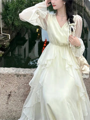 Bxoxo French Fairycon Ruffles Dresses For Women's 2025 New Summer Fashion V-Neck White Long Puff Sleeve Dress Holiday Beach Vestiods