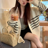 Bxoxo Women Cardigan Sweater Striped V-neck Button-up Sweater Jacket Comfy Cozy Slouchy Cardi Autumn Winter Casual Outfit