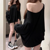 Bxoxo Solid Oversized T-shirt for Women's Casual Loose Top Fashion Bat Sleeves Simple Sexy Off Shoulder Korean Baggy T shirts Autumn