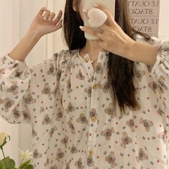 Bxoxo Women's Sweet Cute Pajamas Set Female Korean Style Home Clothing Girl Bear Foral Print Sleepwear Long Sleeve Pant Nightwear 2XL