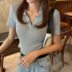 BXOXO Women Knitted Polo Shirts Summer V-Neck Short Sleeves Solid Casual Crop Tops For Women Slim Y2K Sexy Tops Spring