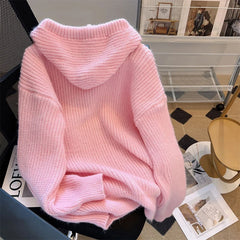 Bxoxo Autumn Knit Hooded Sweater for Women Korean Sweet Preppy Solid Pullover Y2K Harajuku All-Match Simp Knitting Jumpers Female New