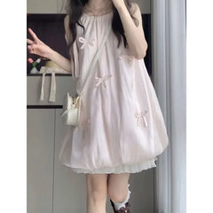 Bxoxo Sweet Pink Butterfly Knot Flower Bud Dress Women's Loose Slimming Short Skirt Summer New Style Student Mini Dress Casual Chic