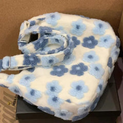 BXOXO Kawaii Large Capacity Plush Crossbody Bag Blue Flowers Soft Fashion Shoulder Bag Casual Youthful Cute Fall Winter Handbag