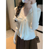 Bxoxo Korean Style Sweet Knitted Pullovers Women Elegant Kawaii Bow White Sweaters Harajuku Cute Blue Long Sleeve Jumpers