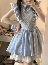 BXOXO Cute Sweet Blue Plaid Dress Women Elegant 3D Floral Flying Sleeve Mini Dress Japan Vintage Slim Kawaii Lace Patchwork Dress