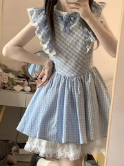 BXOXO Cute Sweet Blue Plaid Dress Women Elegant 3D Floral Flying Sleeve Mini Dress Japan Vintage Slim Kawaii Lace Patchwork Dress