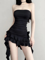 BXOXO Sexy Backless Black Dress for Women 2025 Summer New Slim Waist Ruffles Dresses Y2k E-Girl Irregular Strapless Vestidos Mujer
