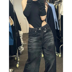 Bxoxo Black Vintage Washed Wide Leg Women's Jeans Y2k Overzised Korean Fashion Denim Pants Baggy Hip Hop Streetwear Gyaru