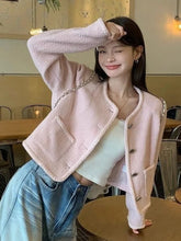 Bxoxo Pink Sweet Tweed Jackets Women Vintage O Neck Cute Elegant Long Sleeve Short Coats Retro Casual Single Breasted Pockets Outwear