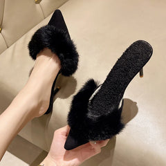 BXOXO Spring Faux Fur Mules Slippers Women Pointed Toe Slip-On Thin Heels Sandals Woman Short Plush Lined Closed Toe Slides Shoes