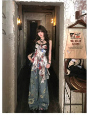 BXOXO New American Style Sexy Gyaru Halter Top Women Design Sweet Print Slim Camisole Summer High Street Coquette Asymmetrical Tees