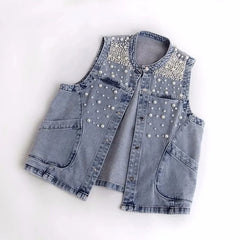 BXOXO New Summer Women's Beaded Denim Tank Top Sleeveless Top Cutting Street Clothing Jeans Jacket Korean Fashion Tank Top