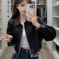 Bxoxo Vintage Patchwork Crop Jacket for Women Autumn Streetwear Splicing Pu Leather Outerwear Y2K Gothic Single Breasted Female Coat