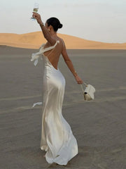 BXOXO Elegant White Satin Backless Maxi Dress Women Sexy Sleeveless Spaghetti Strap Flower Decor Robe Night Club Party Dresses