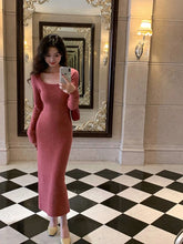 Bxoxo Square Neck Knitted Midi Dress for Women Autumn Sexy Slim Solid Dress Y2K French Elegant Office Lady All Match Hip Vestidos New