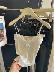 BXOXO Sweet Lace Patchwork Crop Tank Top Female 2025 Women's Clothing Sling Slim Waist Tank Korean Summer Sexy Club Camis Ropa Mujer