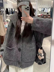 Bxoxo Korean Knitted Hoodie Sweater Women Autumn New Loose Lazy Style Long Sleeve Cardigan Fashion Single Breasted V Neck Knit Coats