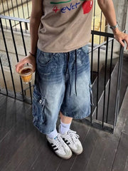 Bxoxo American Retro Blue Denim Calf Length Pants Women Harajuku Y2K Washed Loose Jeans Shorts High Waist Streetwear Wide Leg Shorts