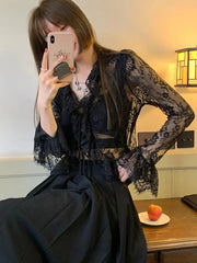 Bxoxo Elegant Lace V-Neck Long Sleeve Shirt Women Fashion Design Sexy Hollow Out See Sun Protection Tops Y2K Summer Chic Thin Blouse