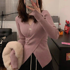 BXOXO Women Autumn Winter New Irregular V-neck Sweater Trendy Sweet Waist Slim Fit Pullover Knit Shirt Solid Button Long Sleeved Tops