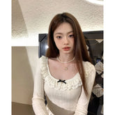 Bxoxo Korean Style White T-shirts Women Fairycore Cute Ruffles Long Sleeve Tees Y2k Sweet Slim Corset Tops Autumn 2025 Ropa